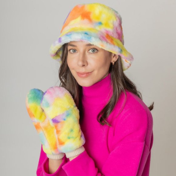 Fabulous Tye Dye Faux Fur Bucket Hat And Gloves Mitt Set main image 5